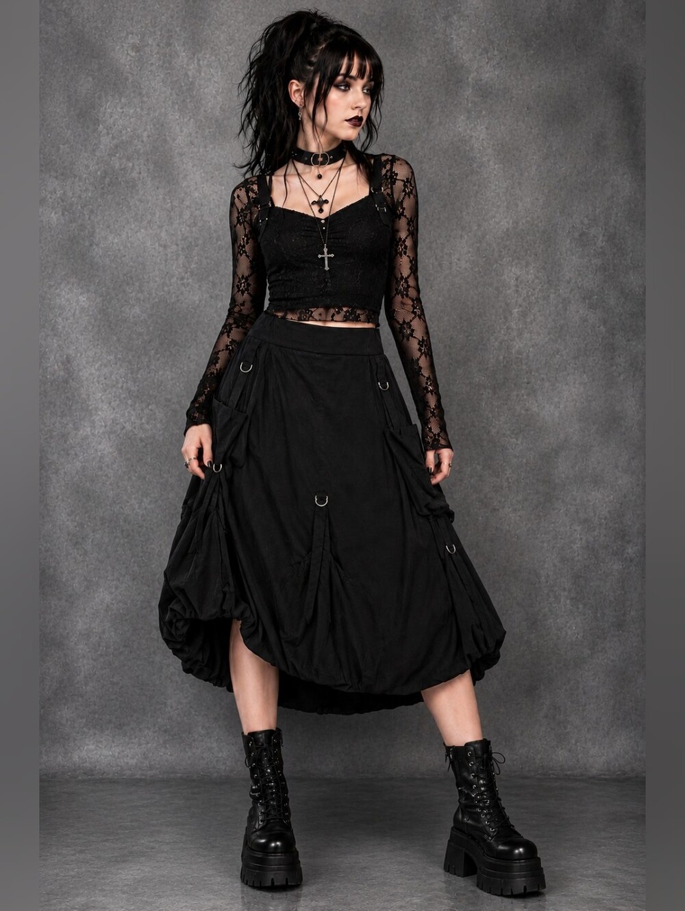 Alison Sheri Black Gothic Utility Skirt D-Ring Pocket Stretch Women Size X-Large - Picture 2 of 16